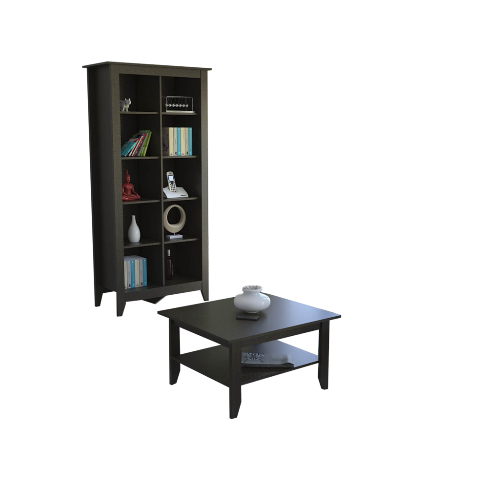 Mesa de Centro + Librero Essential Color Wengue Para Sala De Estar